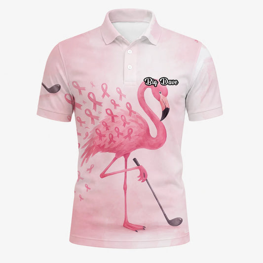 Personalised Pink Flamingo Golfer Breast Cancer Ribbon Golf Polo Shirt For Men R9354