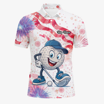 Personalised White Pink Golf Ball Cartoon Firework Golf Polo Shirt For Men C2083