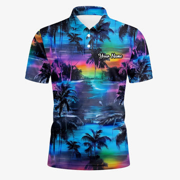 Personalised Blue Purple Palm Sunset Golf Polo Shirt For Men K8435