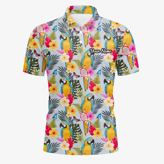 Personalised Cream Yellow Tropical Parrot Hibiscus Golf Polo Shirt For Men V2558