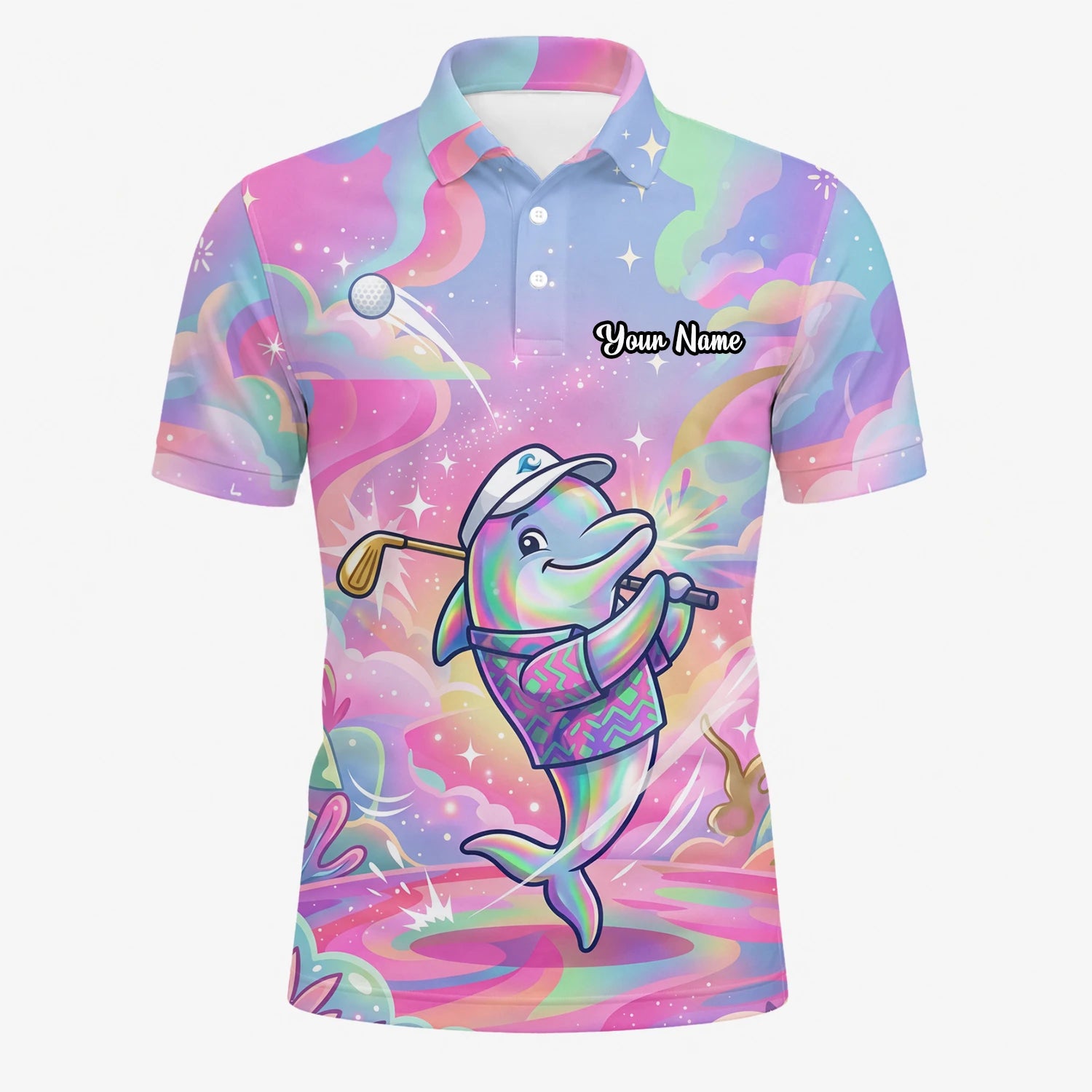 Personalised Pastel Rainbow Dolphin Golfer Cartoon Golf Polo Shirt For Men L3862