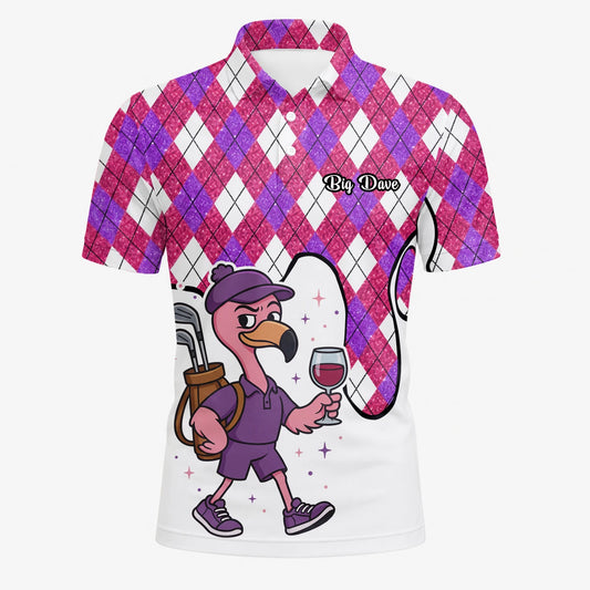 Personalised Pink Purple Argyle Ostrich Golfer Cartoon Golf Polo Shirt For Men D7000
