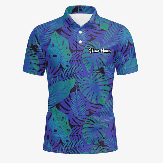 Personalised Blue Purple Tropical Monstera Leaf Golf Polo Shirt For Men G3142