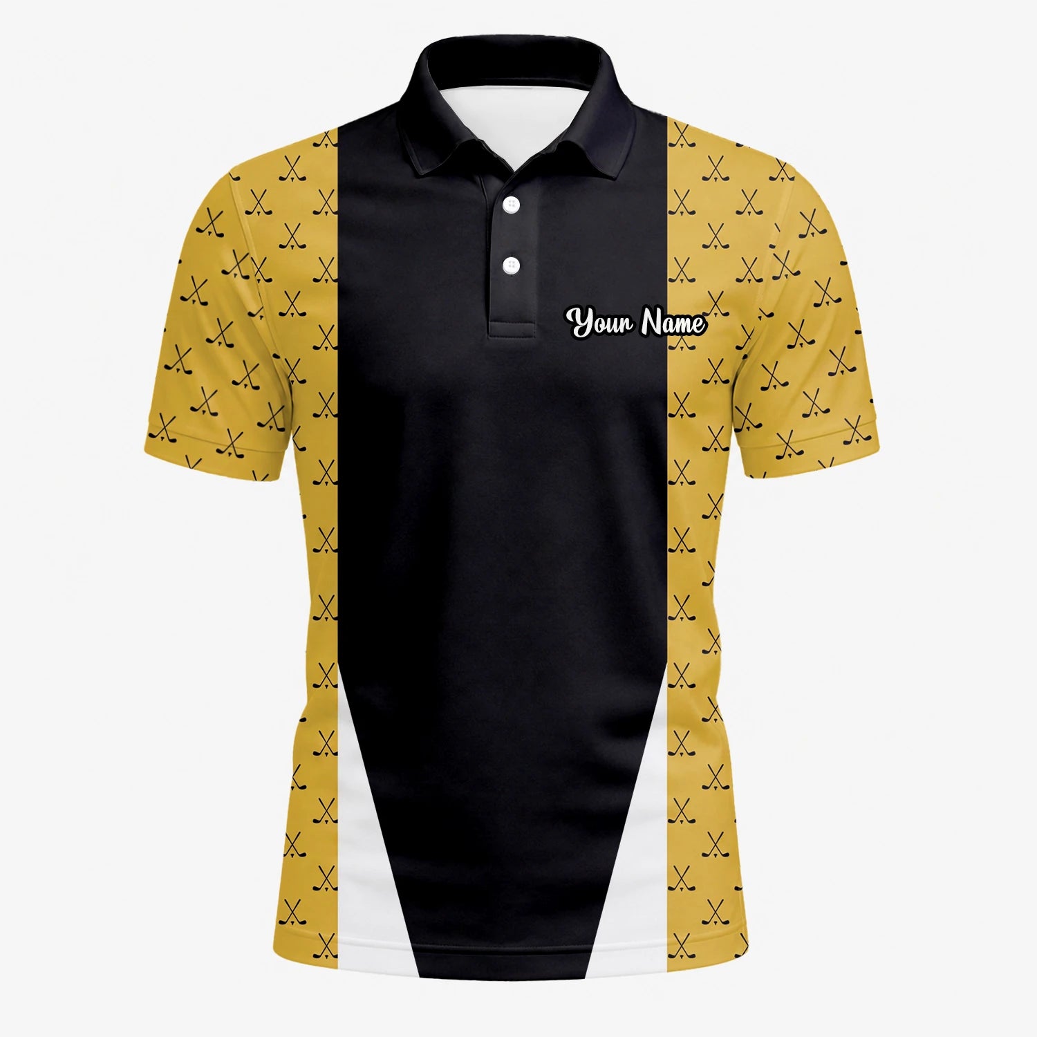 Personalised Black Gold Golf Club Pattern Stripe Golf Polo Shirt For Men B5489