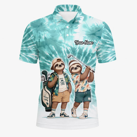 Personalised Turquoise Sloth Golfer Cartoon Golf Polo Shirt For Men C1614