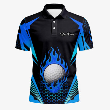 Personalised Black Blue Flaming Golf Ball Golf Polo Shirt For Men Y8576