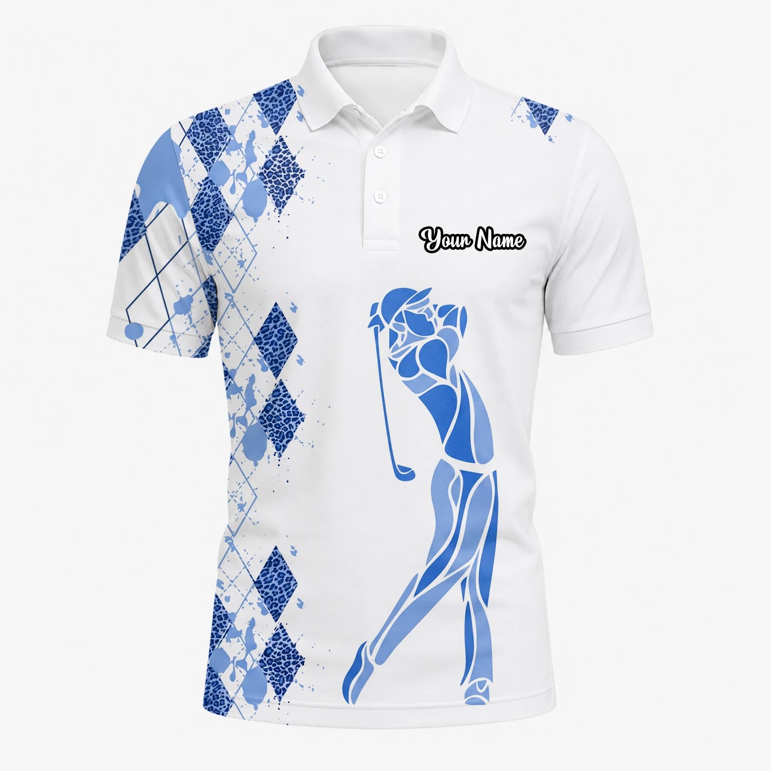 Personalised White Blue Argyle Golfer Silhouette Golf Polo Shirt For Men V2037