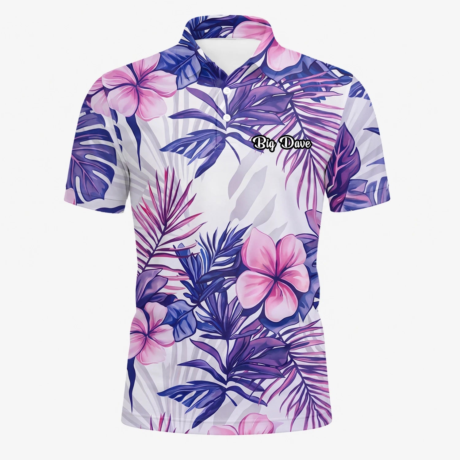 Personalised White Purple Tropical Hibiscus Leaf Golf Polo Shirt For Men H1054