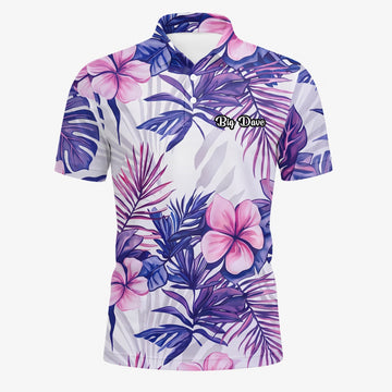 Personalised White Purple Tropical Hibiscus Leaf Golf Polo Shirt For Men H1054