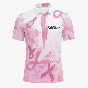 Personalised White Pink Breast Cancer Awareness Ribbon Brush Stroke Golf Polo Shirt For Men U4702