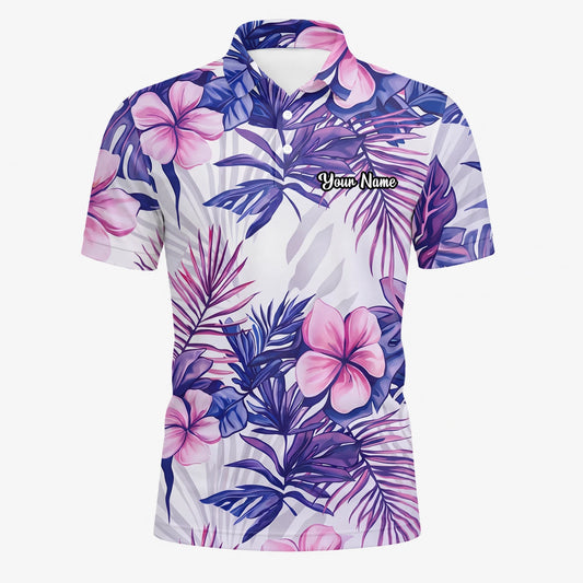 Personalised White Purple Tropical Hibiscus Leaf Golf Polo Shirt For Men H1054