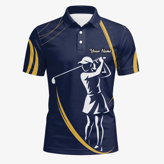 Personalised Navy Gold Golfer Silhouette Golf Polo Shirt For Men K0906
