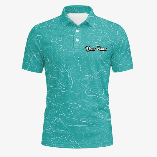 Personalised Teal Topographic Contour Line Golf Polo Shirt For Men U3552