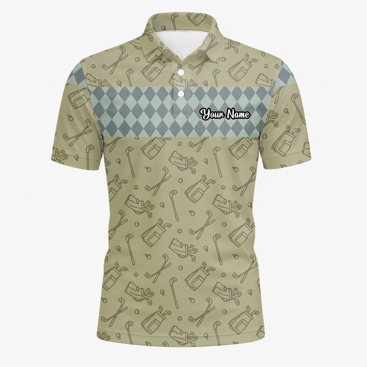 Personalised Khaki Golf Club Sketch Argyle Golf Polo Shirt For Men K5983