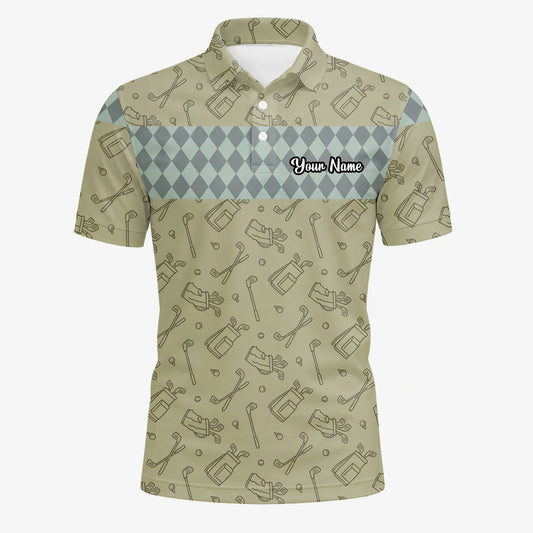 Personalised Khaki Golf Club Sketch Argyle Golf Polo Shirt For Men K5983