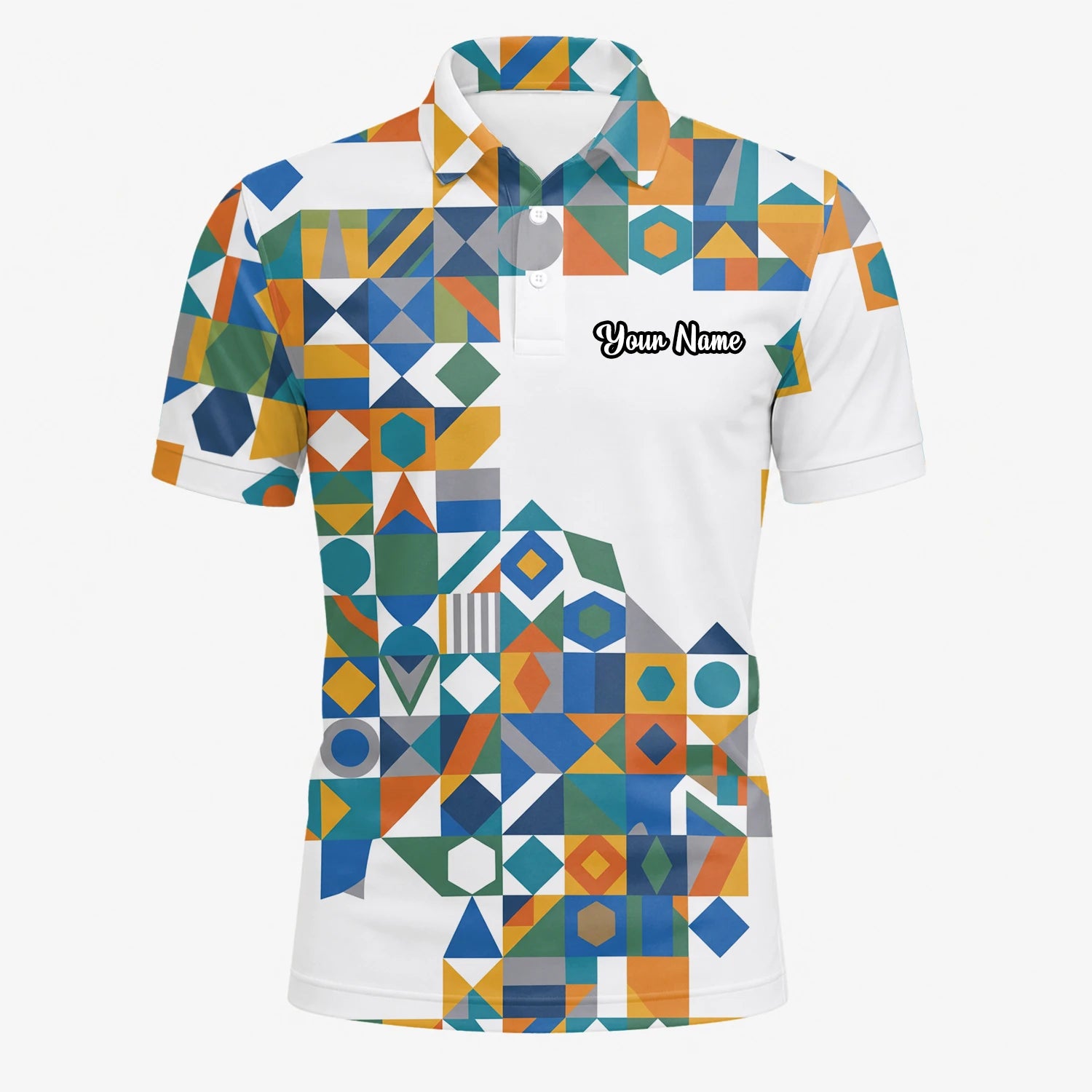 Personalised White Teal Orange Geometric Patchwork Golf Polo Shirt For Men K5362