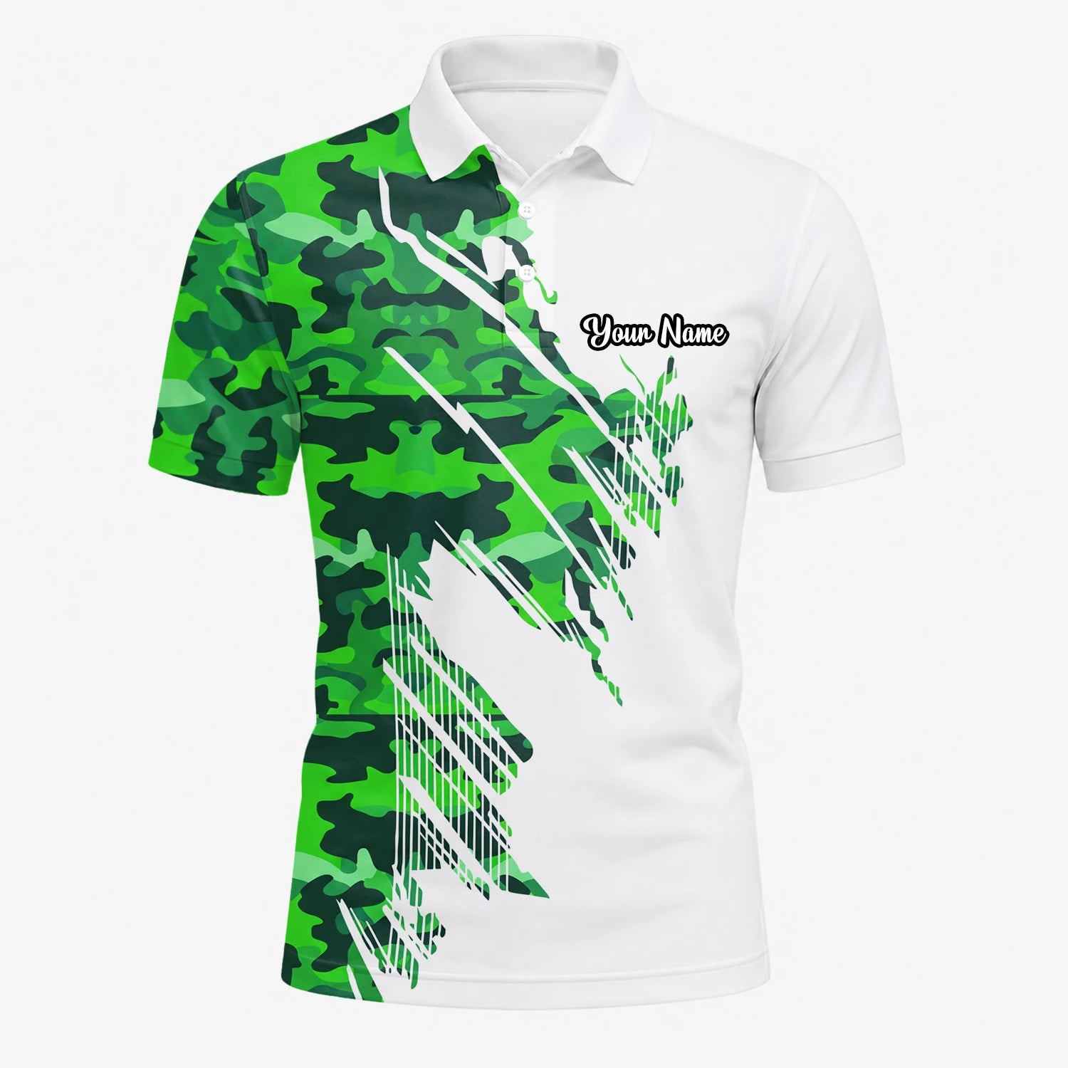 Personalised White Green Camo Brush Stripe Golf Polo Shirt For Men E9788