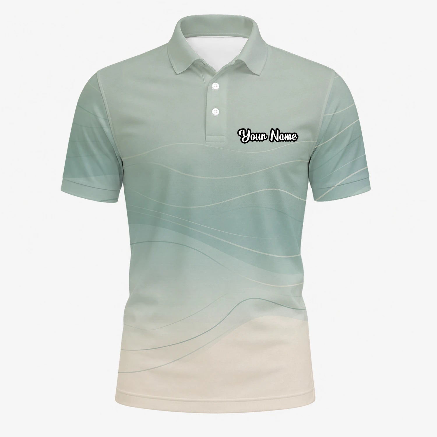 Personalised Sage Green Beige Abstract Wave Golf Polo Shirt For Men X8036