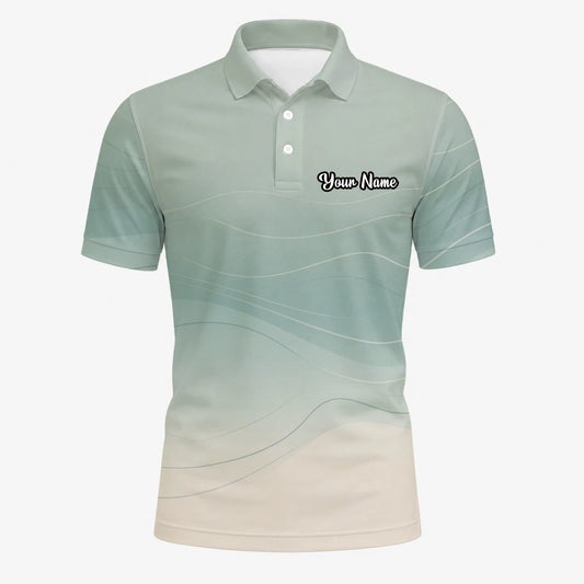 Personalised Sage Green Beige Abstract Wave Golf Polo Shirt For Men X8036
