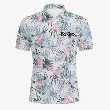 Personalised White Pink Tropical Floral Leaf Golf Polo Shirt For Men C1037