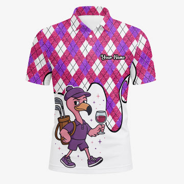 Personalised Pink Purple Argyle Ostrich Golfer Cartoon Golf Polo Shirt For Men D7000
