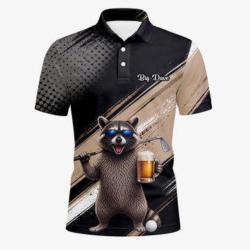 Personalised Black Beige Raccoon Beer Golfer Cartoon Golf Polo Shirt For Men K7921