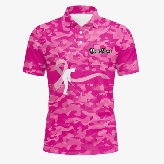 Personalised Pink Camo Breast Cancer Awareness Ribbon Golfer Golf Polo Shirt For Men Z3179