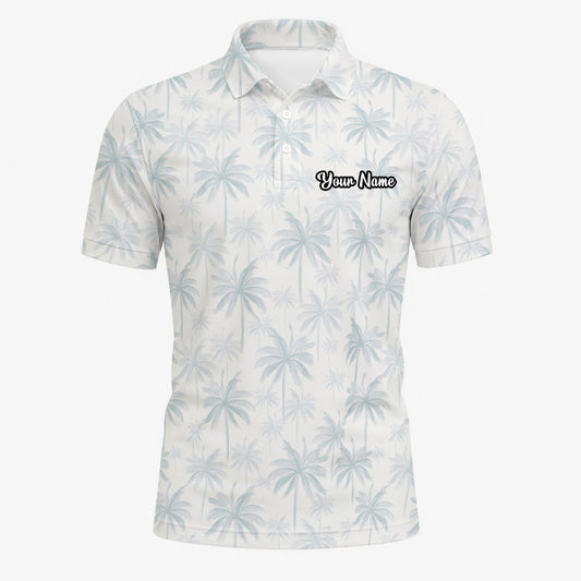 Personalised White Pale Blue Palm Leaf Golf Polo Shirt For Men U1709