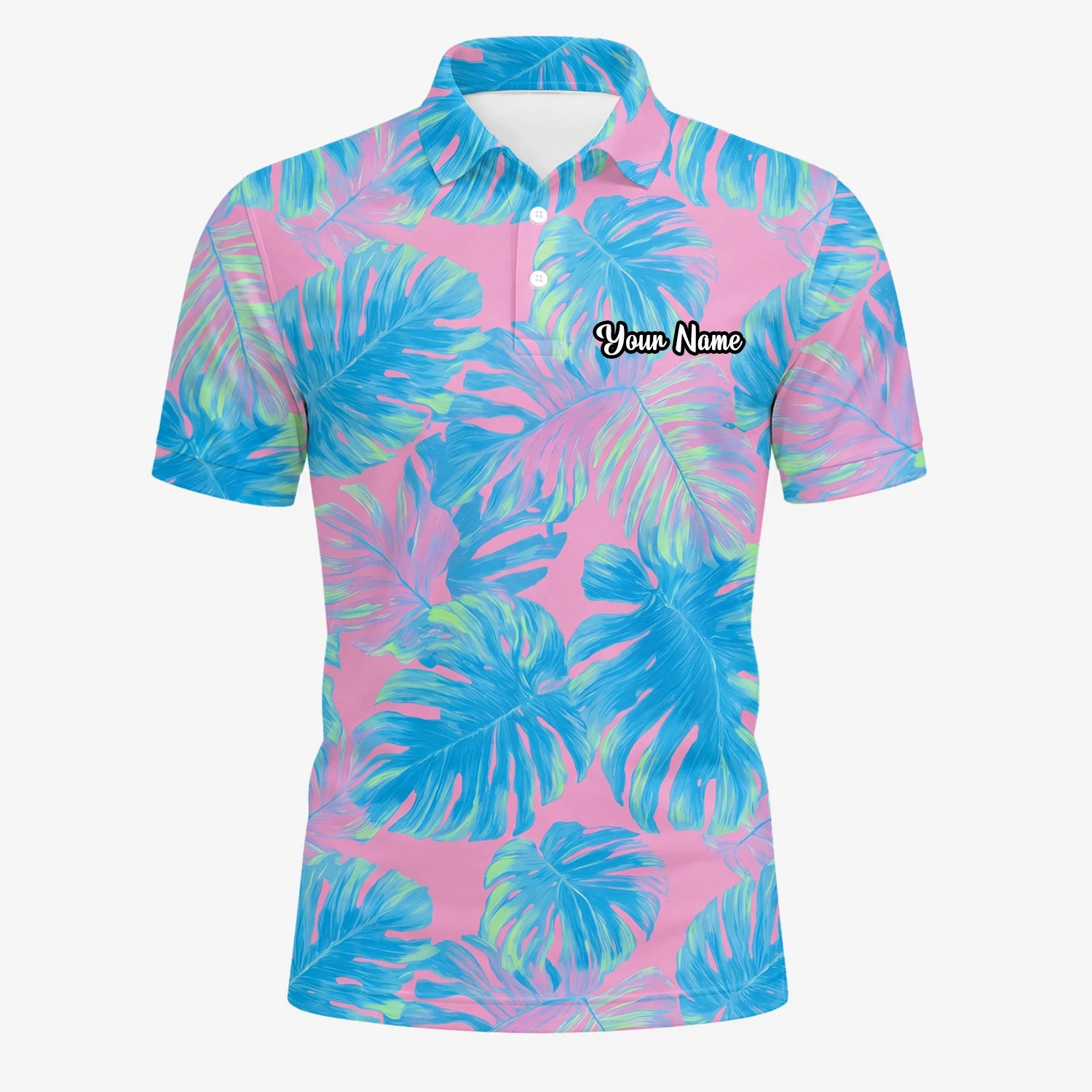 Personalised Pink Turquoise Tropical Monstera Leaf Golf Polo Shirt For Men C8385