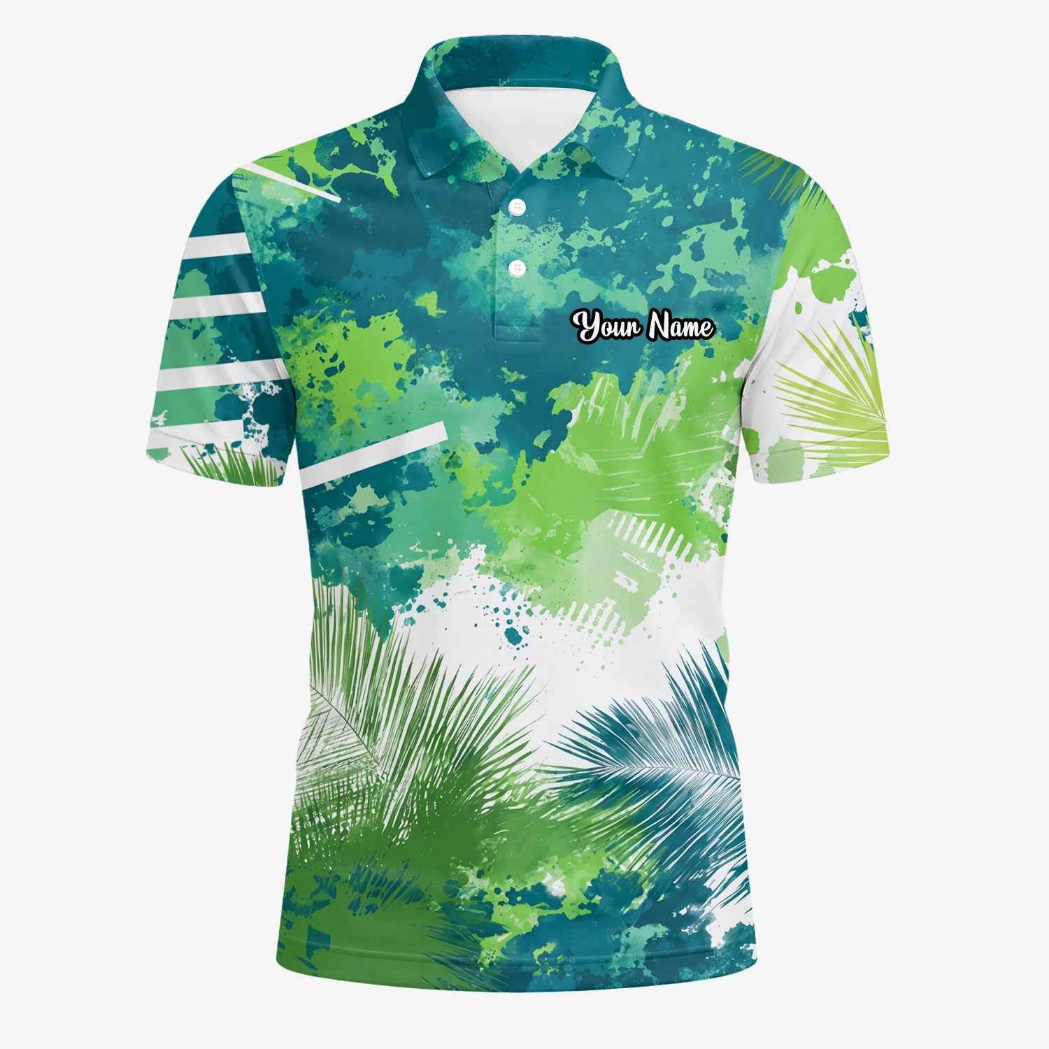 Personalised Green Blue Tropical Leaf Paint Splash Golf Polo Shirt For Men B7869