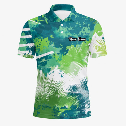 Personalised Green Blue Tropical Leaf Paint Splash Golf Polo Shirt For Men B7869