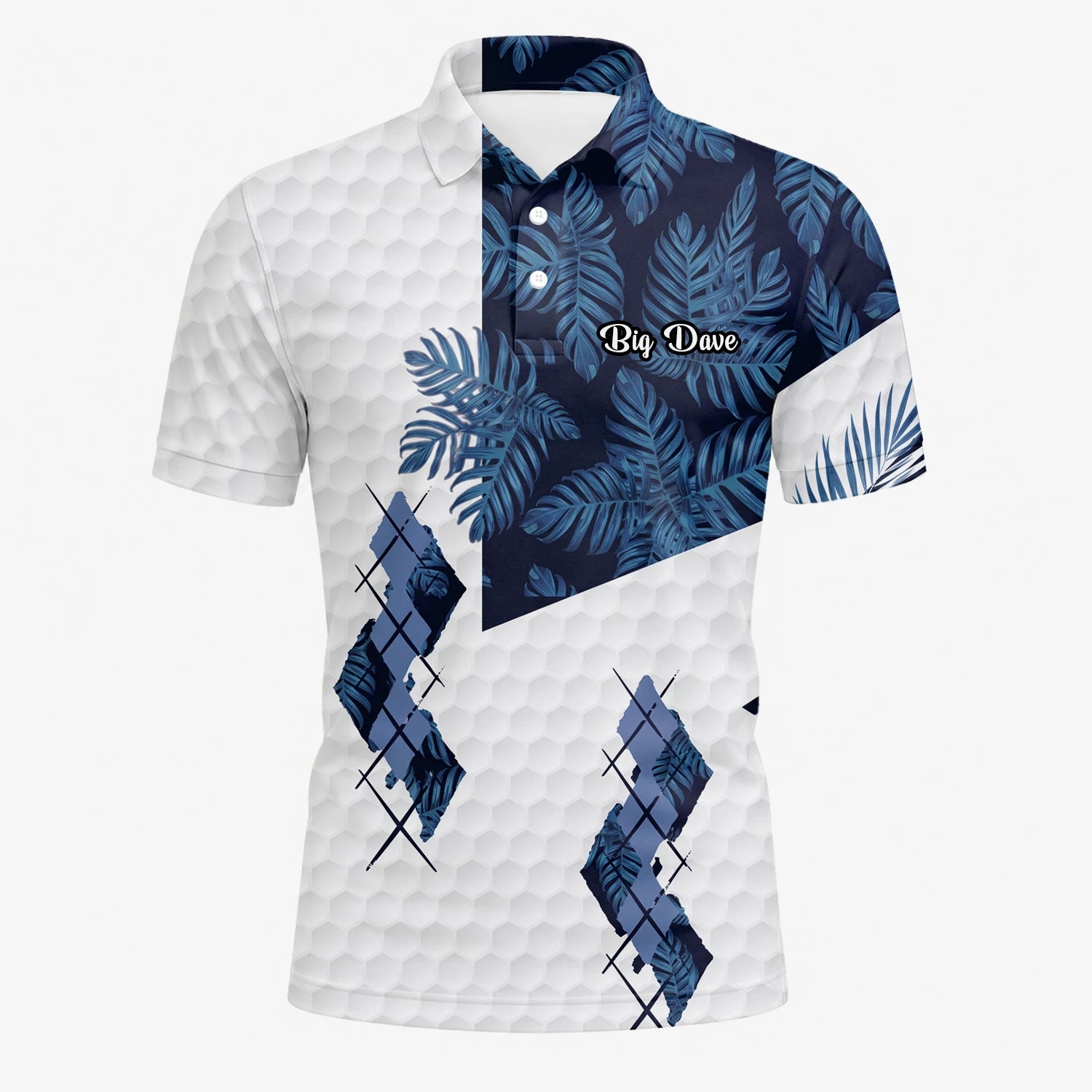Personalised White Navy Tropical Leaf Argyle Golf Polo Shirt For Men D6549