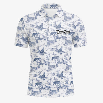 Personalised White Blue Dinosaur Toile Golf Polo Shirt For Men Q4771