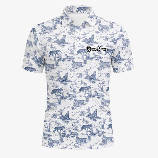 Personalised White Blue Dinosaur Toile Golf Polo Shirt For Men Q4771