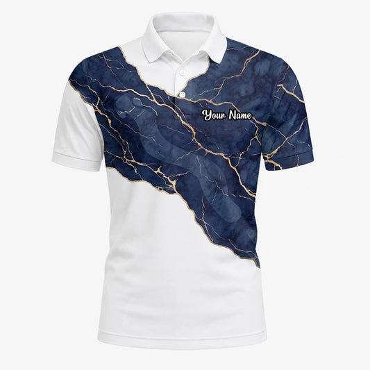 Personalised White Navy Marble Gold Vein Golf Polo Shirt For Men B4939