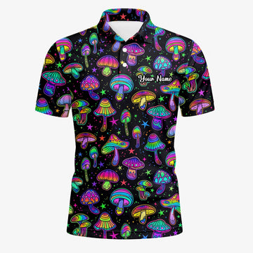 Personalised Black Neon Mushroom Psychedelic Golf Polo Shirt For Men L0182