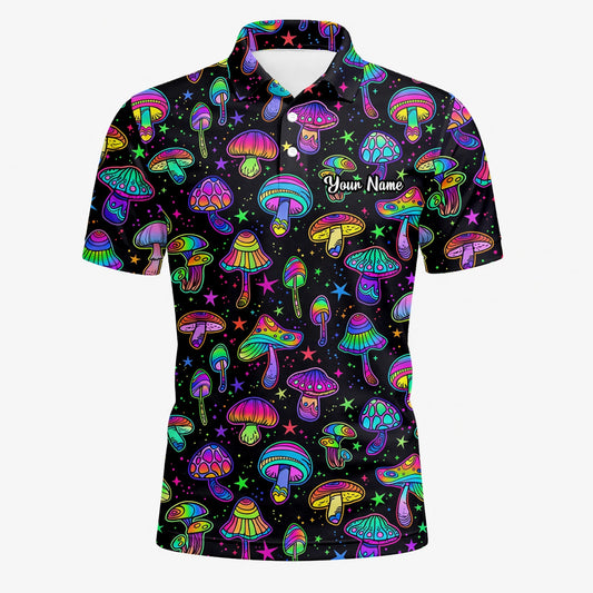 Personalised Black Neon Mushroom Psychedelic Golf Polo Shirt For Men L0182