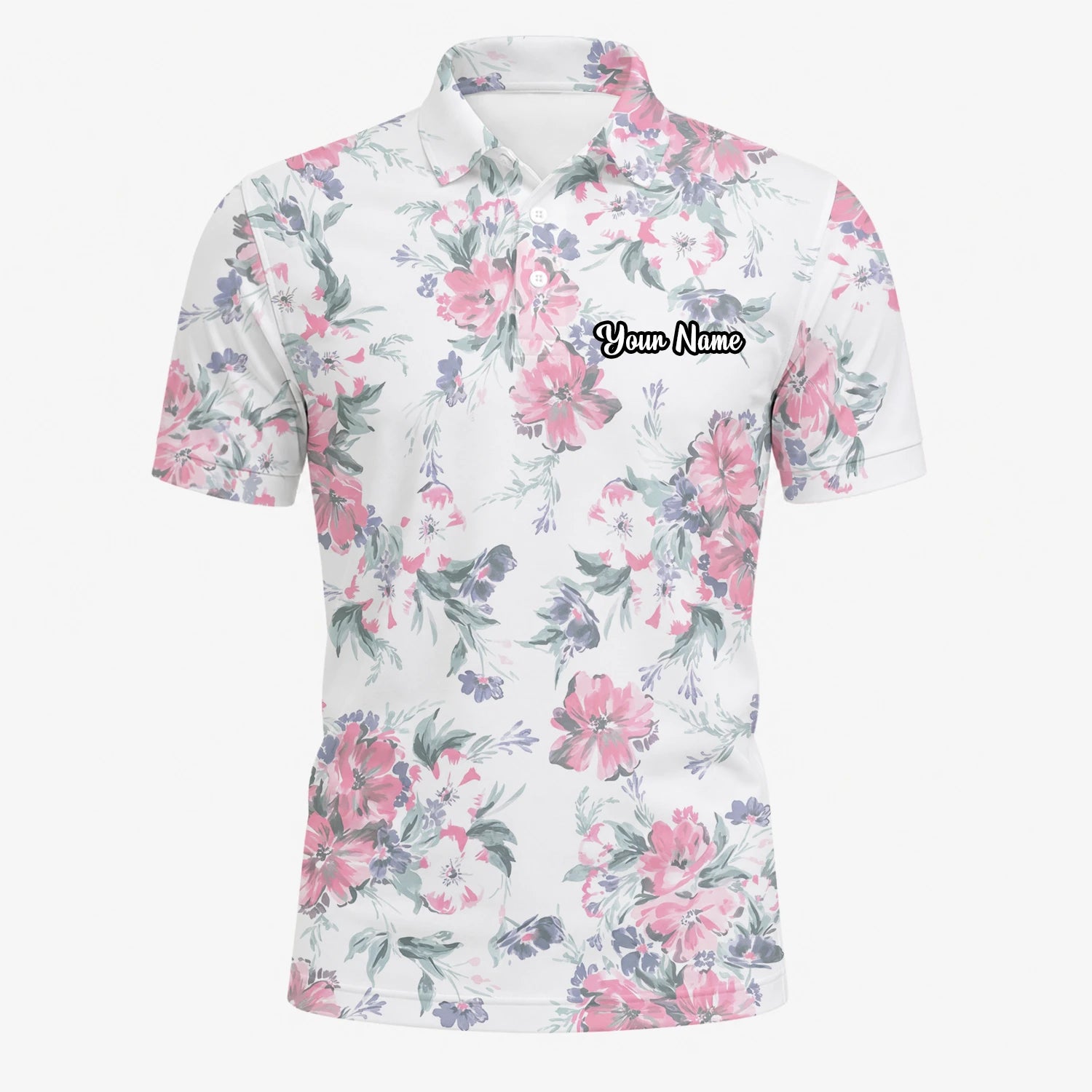 Personalised White Pink Floral Leaf Golf Polo Shirt For Men H5152