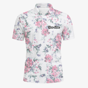 Personalised White Pink Floral Leaf Golf Polo Shirt For Men H5152