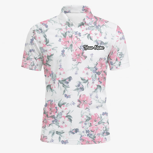 Personalised White Pink Floral Leaf Golf Polo Shirt For Men H5152