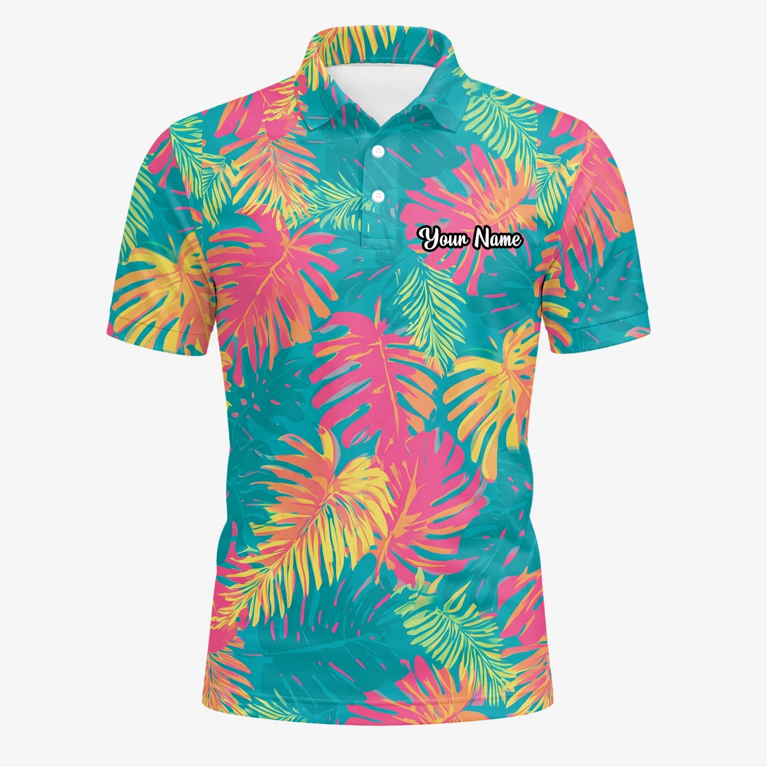 Personalised Teal Coral Tropical Leaf Golf Polo Shirt For Men H8937