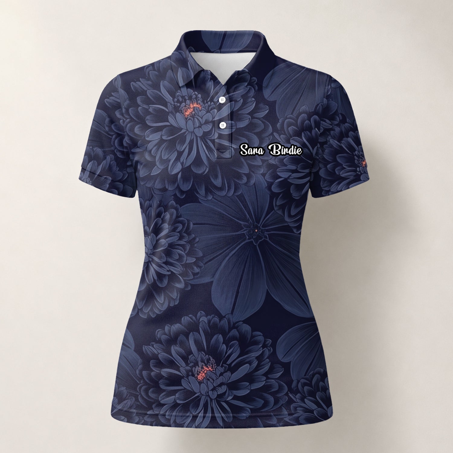 Personalised Dark Navy Chrysanthemum Floral Golf Polo Shirt For Women A0086