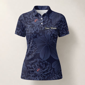 Personalised Dark Navy Chrysanthemum Floral Golf Polo Shirt For Women A0086