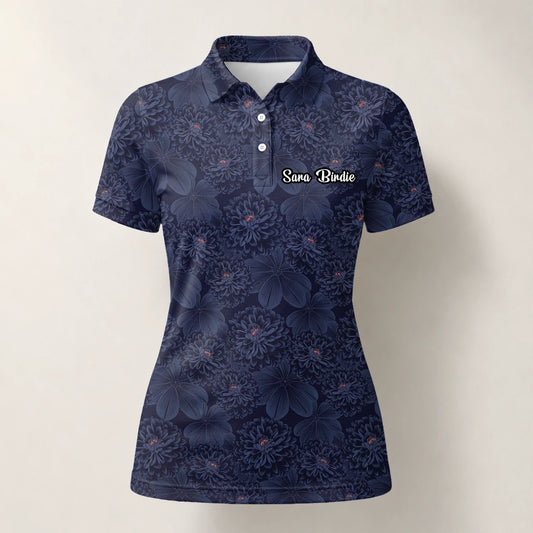 Personalised Dark Navy Chrysanthemum Floral Golf Polo Shirt For Women A0086