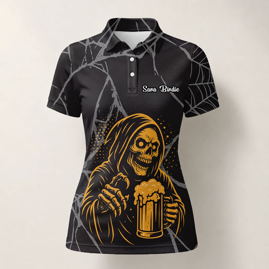 Personalised Black Gold Grim Reaper Beer Golf Polo Shirt For Women J8667