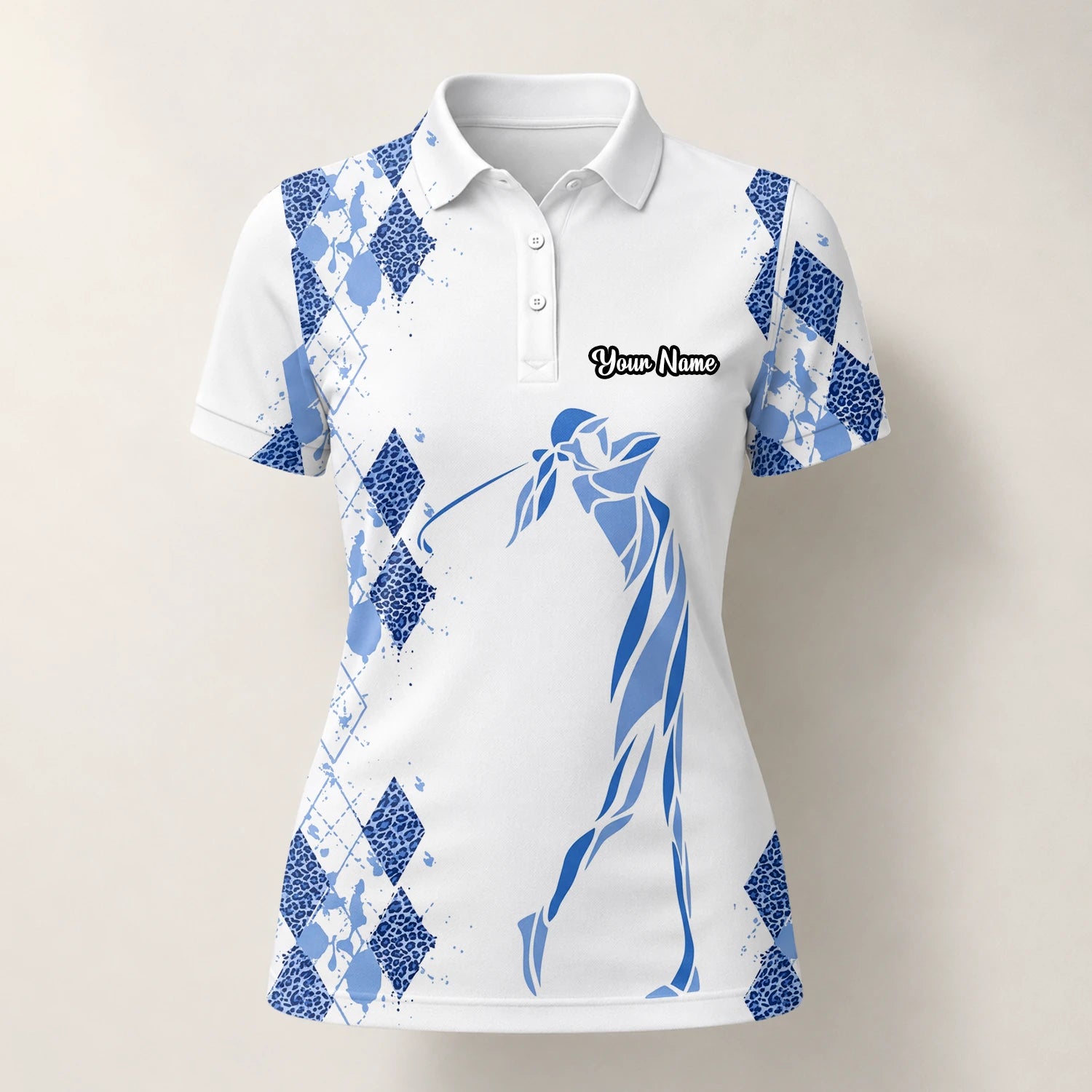 Personalised White Blue Argyle Golfer Silhouette Golf Polo Shirt For Women M6672