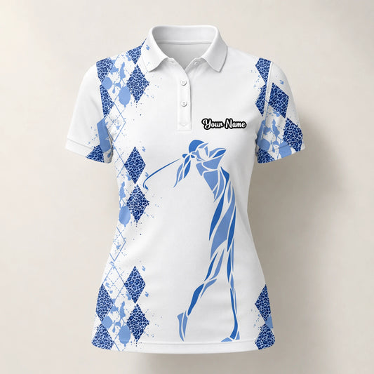 Personalised White Blue Argyle Golfer Silhouette Golf Polo Shirt For Women M6672
