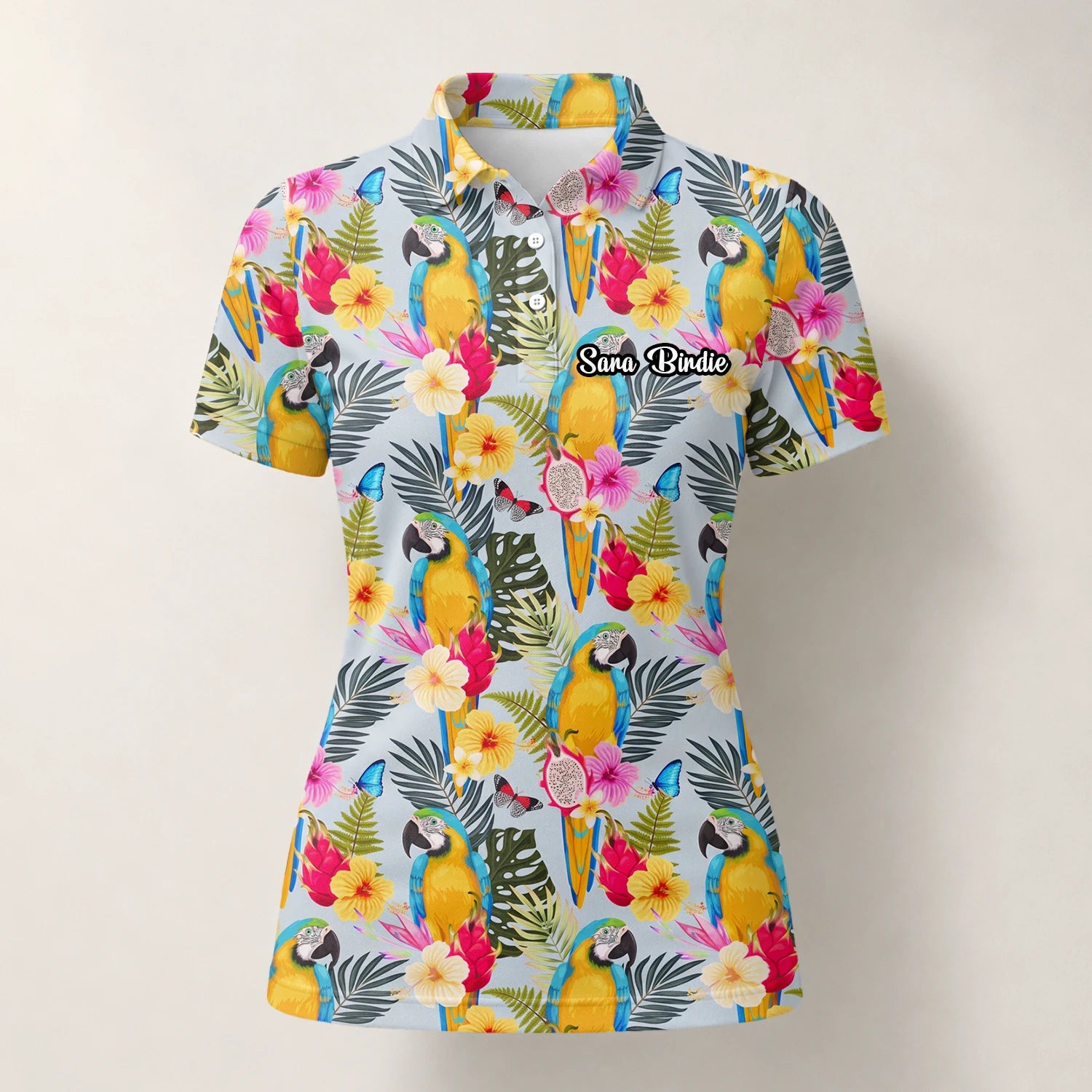 Personalised Cream Yellow Tropical Parrot Hibiscus Golf Polo Shirt For Women V2558