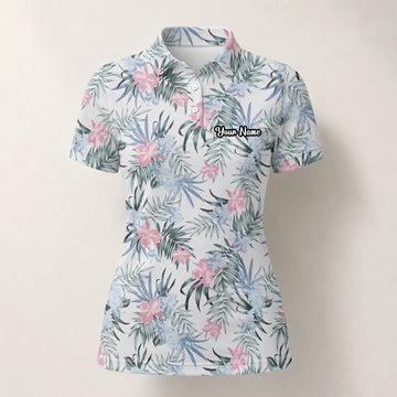 Personalised White Pink Tropical Floral Leaf Golf Polo Shirt For Women C1037