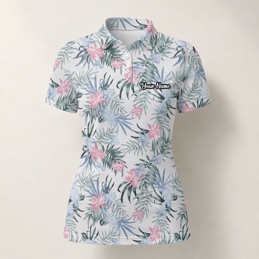 Personalised White Pink Tropical Floral Leaf Golf Polo Shirt For Women C1037
